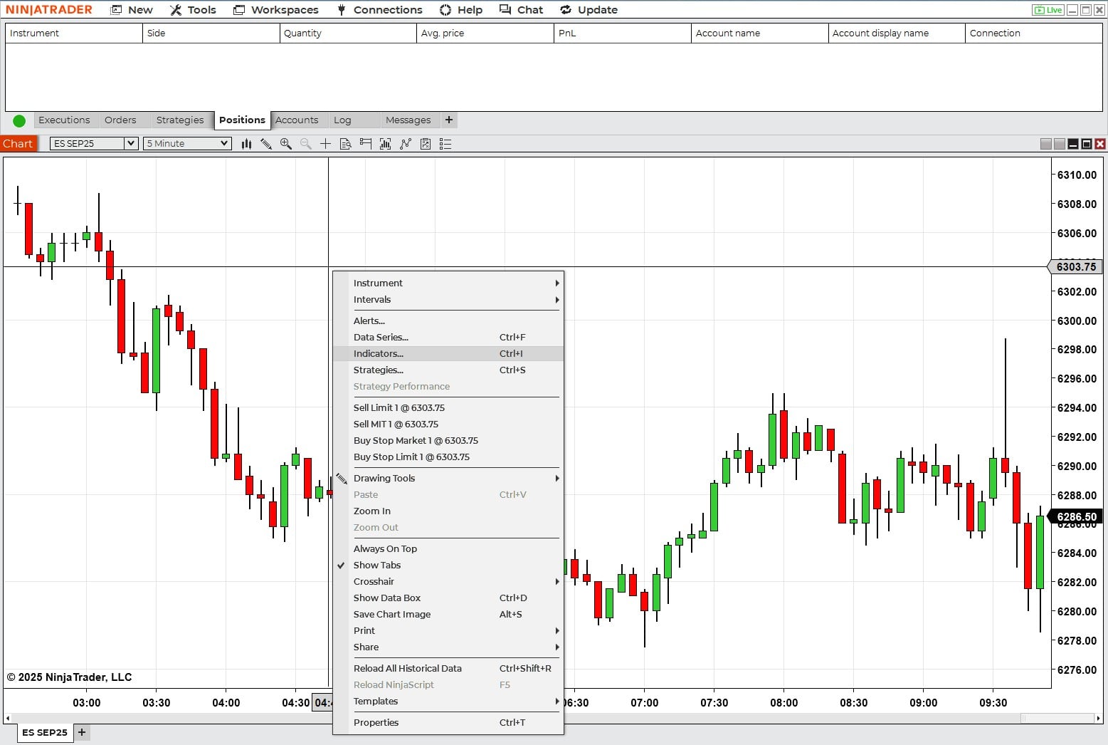 NinjaTrader chart window for the ES SEP25 contract displaying candlestick data with the right-click context menu open. Menu items include indicators, strategies, drawing tools, and options for reloading and printing the chart.